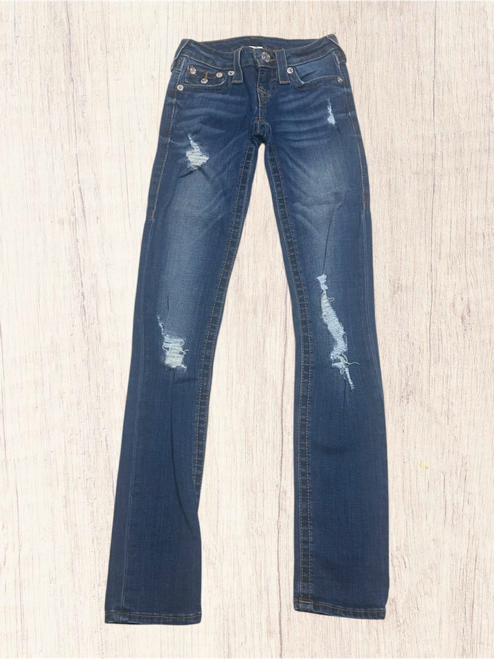 True Religion Distressed Skinny Jeans Flap Pocket Dark Wash Denim Women’s 23
